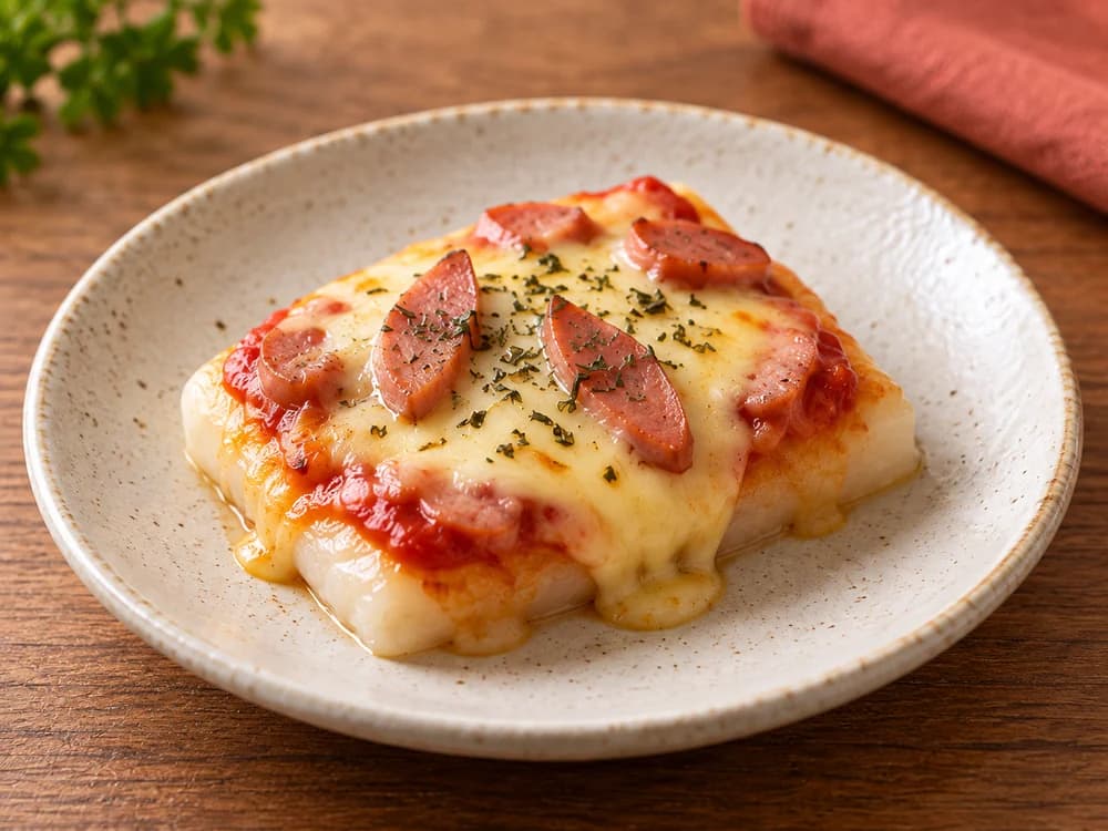 トマトとチーズをのせたピザ餅の盛り付けイメージ