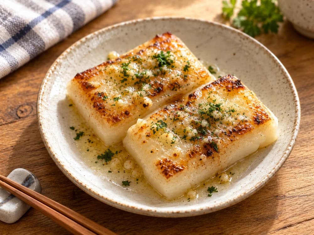 ガーリックバターをのせて香ばしく焼いた白餅の盛り付けイメージ
